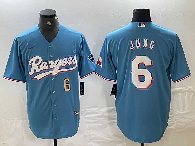 Men%27s Texas Rangers #6 Josh Jung Number Light Blue Team Logo Cool Base Jersey